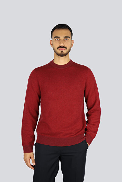 BOSS Men's Regular Fit Ribbed Round Neck Pure Wool and Cotton Blend Long Sleeve Burgundy Sweater 50549986
