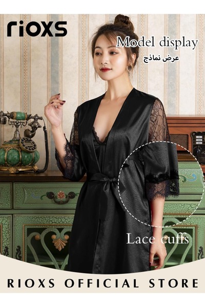 RIOXS Women's Silky Satin Pajama 4 Piece Camisole Top Shorts Nightdress Robe Pajama Set With Lace Details
