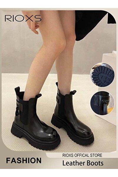 RIOXS أحذية تشيلسي النسائية، أحذية جلدية سميكة أنيقة، أحذية كاحل بسيطة سهلة ا...