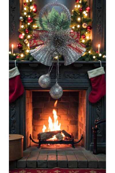 First Choice Elegant Christmas Decorative Glitter Bells, Checkered Bow Pattern, Silver-Green Color 20x8x16cm