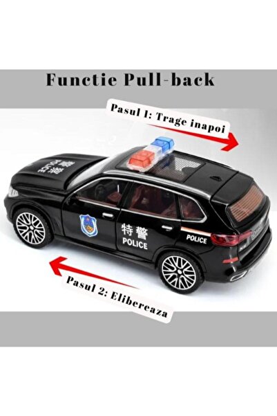 OEM BMW X5 Police Metal Car, Sounds and Lights, Doors Open, Pull-Back, 16cm, Black