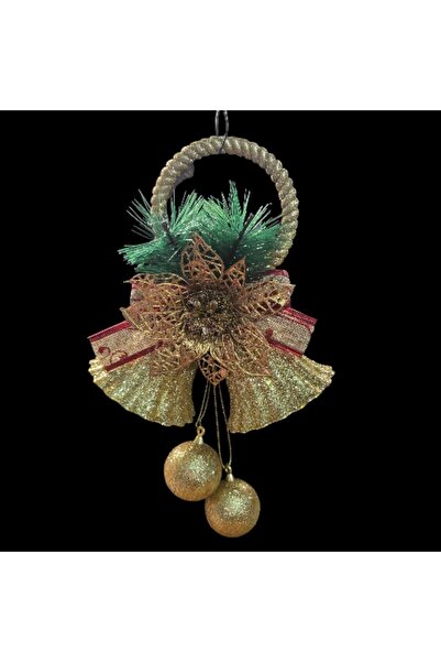 First Choice Elegant Christmas Decorative Glitter Bells, Checkered Bow Pattern, Gold-Green Color 20x8x16cm