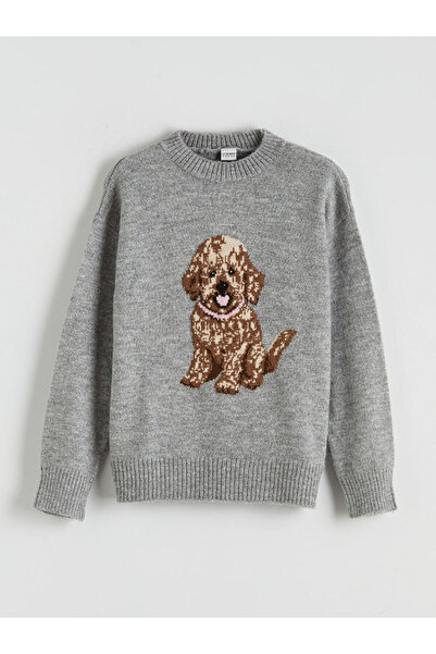 LC Waikiki Lcw Kids Gray Crew Neck Patterned Girls' Knitwear Sweater