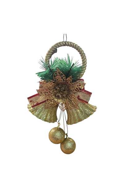 First Choice Elegant Christmas Decorative Glitter Bells, Checkered Bow Pattern, Gold-Green Color 20x8x16cm