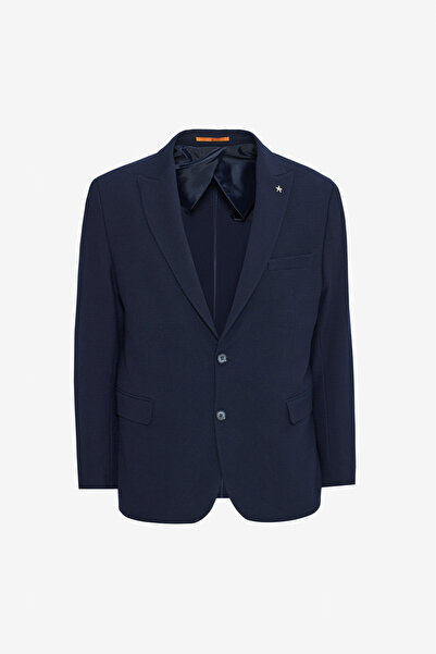 ALTINYILDIZ CLASSICS Men's Navy Blue Regular Fit Regular Cut Swallow Collar Seersucker Patterned Blazer Jacket with Flap Pockets
