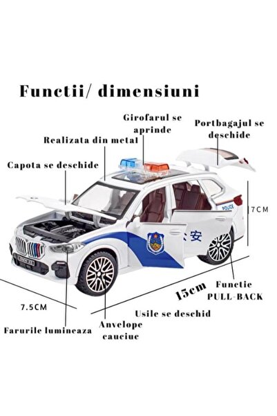 OEM BMW X5 Police Metal Car, Doors open, Sounds, Lights, Pull-back, 16cm, White