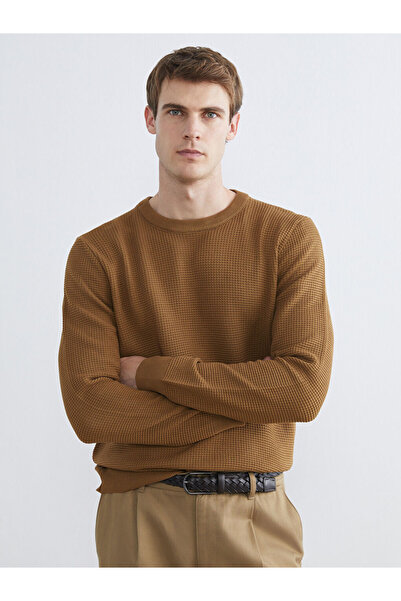 LC Waikiki Brown Crew Neck Checkered Men's Knitwear Sweater