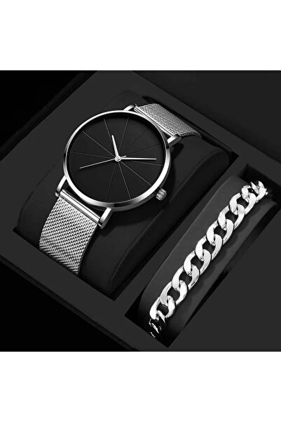 Choice ساعة يد رجالية فضية سوداء أنيقة من الكوارتز بتقويم عصري وساعة رجالية من الفولاذ المقاوم للصدأ