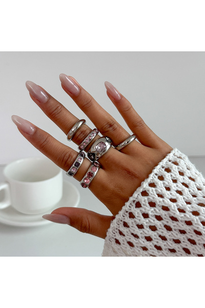 Choice Silver Color Salircon 6Pcs/set Inlaid Purple zircon Adjustable Opening Ring Set Women Smooth Gold Co