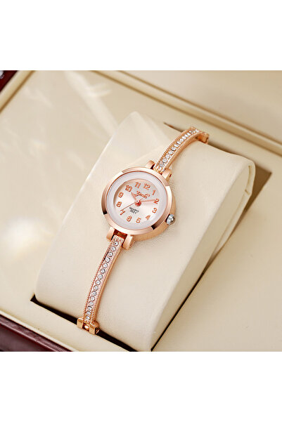 Choice ساعة نسائية وردية عالية الجودة بأرقام عربية رائعة ومينا صغيرة وسوار من الفولاذ كوارتز