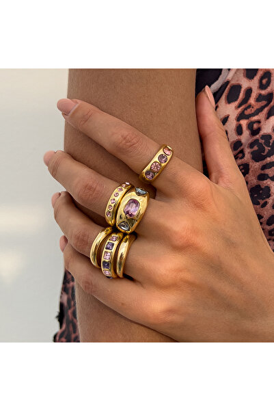 Choice Gold Color Salircon 6Pcs/set Inlaid Purple zircon Adjustable Opening Ring Set Women Smooth Gold Colo