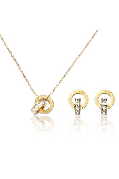Choice Golden Set A European and American personality trend Roman diamond double ring shell necklace earrin