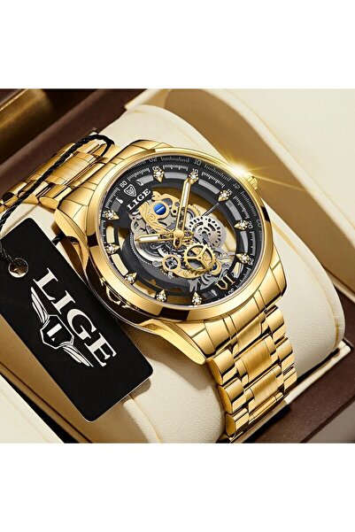 Lige ساعة يد رجالية جديدة بهيكل عظمي من الكوارتز باللون الذهبي والأسود، ساعة ...