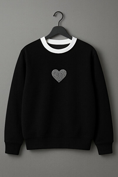 Revasser Kadın Göğüs Parlak Kalp Taşlı Desenli Özel Renkli Yaka Sweatshirt
