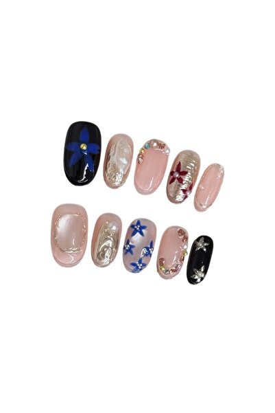 Choice 10 قطع أظافر قصيرة مستديرة مصنوعة يدويًا مع زخارف زهرة اللؤلؤ الذهبية ...