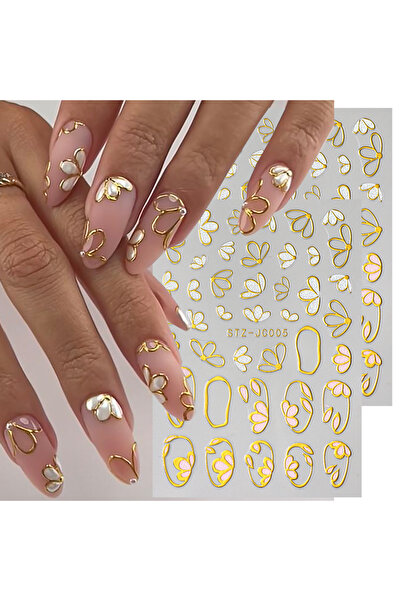 Choice قطعتان STZ-JC005 ملصقات أظافر ثلاثية الأبعاد ببرونزية لامعة زهرية بتلات ذهبية ديزي بيضاء ذاتية اللصق