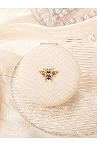 Choice AE-0252-WH 1PC Round Double-Sided Leather Makeup Mirror with Gold Bee,...