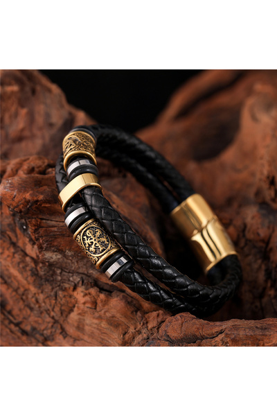 Choice سوار جلدي أصلي مضفر متعدد الطبقات من الفولاذ المقاوم للصدأ على طراز ال...