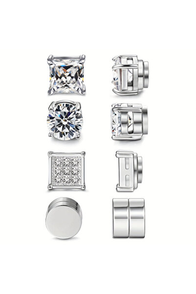 Choice Steel 4 Pairs Stainless Steel Magnetic Stud Earrings, Fashion Cubic Zi...