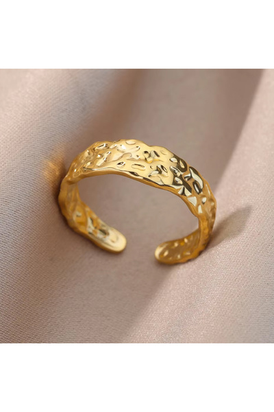 Choice خاتم نسائي ذهبي قابل للتغيير الحجم AJZ10085-2 بفتحة هندسية غير منتظمة، بتصميم نسيج ذهبي، مناسب لحفلات الزفاف للزوجين