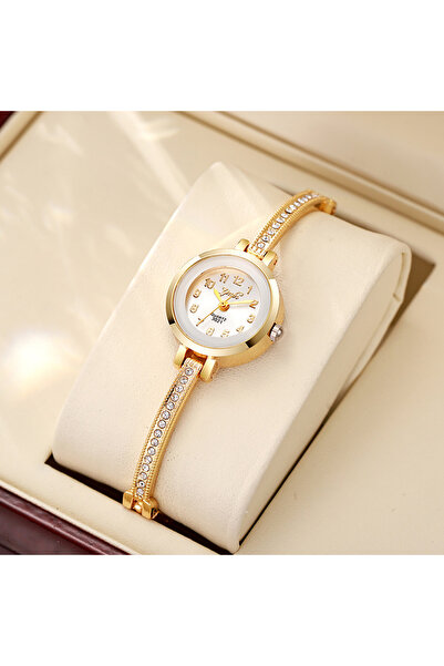 Choice ساعة ذهبية نسائية عالية الجودة بأرقام عربية رائعة ومينا صغيرة وسوار فولاذي كوارتز