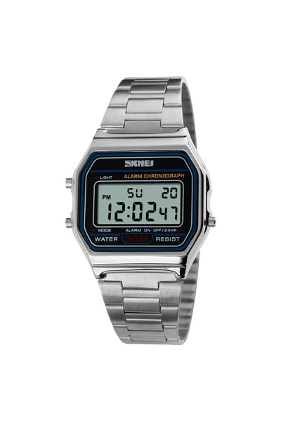 Skmei silver Fashion Casual Sport Watch Men Stainless Steel Strap LED Display Watches 3Bar Waterproof Di.