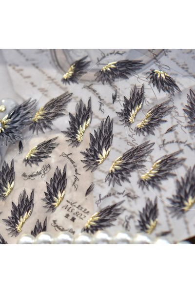 NAILFYOU ملصق أظافر خماسي الأبعاد MS802 أجنحة ملاك من الذهب الأبيض بحروف إنجل...