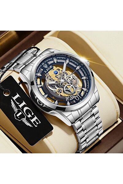 Lige ساعة يد رجالية جديدة باللون الفضي والأزرق بهيكل عظمي من الكوارتز، ساعة ي...