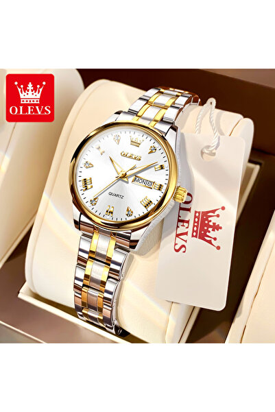 Choice ساعة يد نسائية OLEVS 5563 ذهبية بيضاء مرصعة بالألماس مقاومة للماء حتى ...