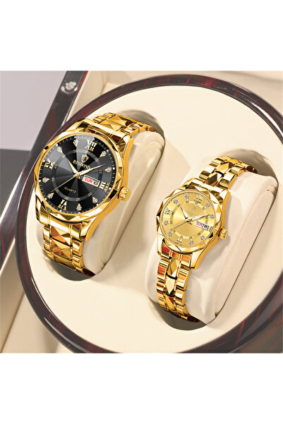 Choice طقم ساعات زوجية من الذهب مكون من قطعتين مقاومة للماء حتى 30 مترًا هدية عيد الحب من الفولاذ المقاوم للصدأ وساعة كريستال