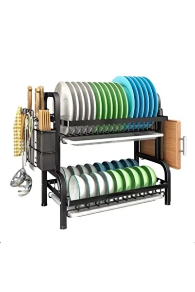 Boxely Suport metalic pentru uscare a vaselor cu 2 niveluri, cu suporturi pentru ustensile și tocătoare, tavă de scurgere, negru, 30x40