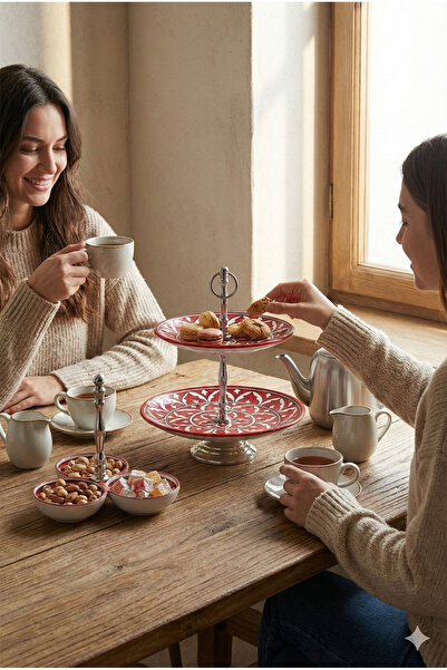 RİVO HOME DECOR The Mia Corallo Red 2-Piece Presentation Set - Cake Stand and Snack Plate