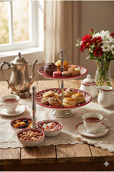 RİVO HOME DECOR The Mia Corallo Red 2-Piece Presentation Set - Cake Stand and Snack Plate