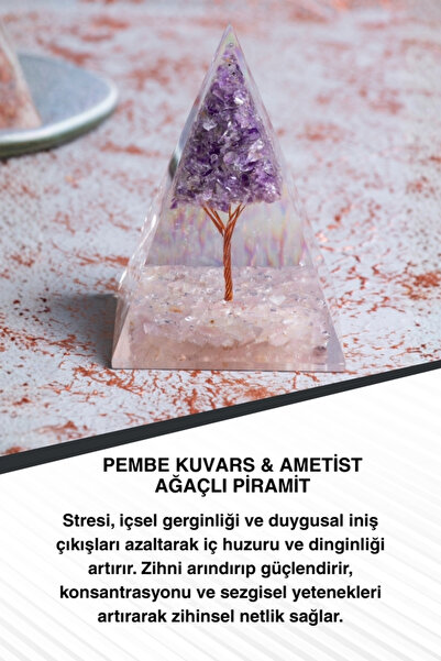 Saff Doğal Taş Pembe Kuvars & Ametist Ağaçlı Piramit
