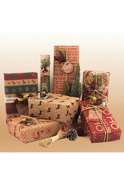 genernic 6 Sheets Christmas Kraft Wrapping Paper Set with Tags Jute String Recycled Holiday Gift Wrap Rustic