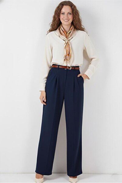 TRENDTESETTÜR Women's Dark Blue Belted Pa Palazzo Pants 6966