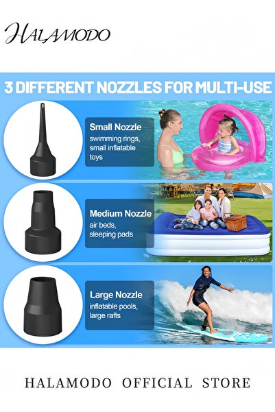 HALAMODO Electric Air Pump for Inflatables Quick-Fill Inflator and Deflator with 3 Nozzles Portable Pump