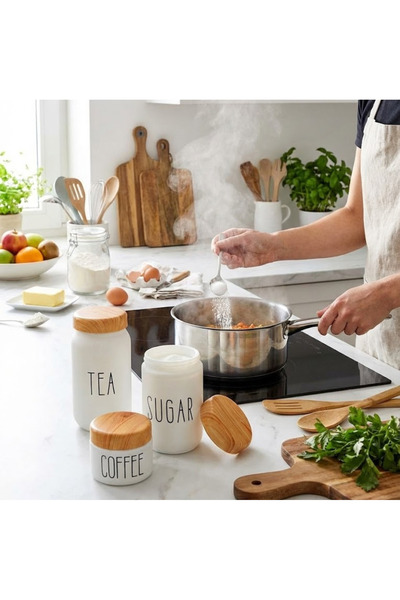 Köken Set of 3 Glass containers with BPA-free plastic lids, Jars inscribed with SUGAR, TEA COFFEE, White