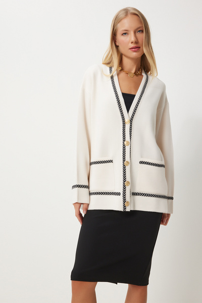 Lovelyİstanbul Contrast Detailed Pocketed Long Knit Cardigan Lus0016 Cream