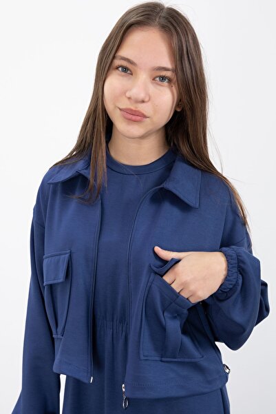 Cansın Mini Navy Blue Zippered Crop Jacket Zero Sleeve Girls' Dress Set 23410