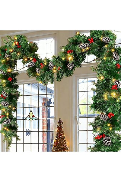 genernic إكليل عيد الميلاد بطول 8.8 قدم، 50 مصباح LED، مخروط الصنوبر، التوت الأحمر، إكليل مدفأة يعمل بالبطارية، أخضر