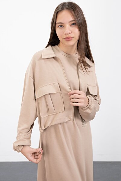 Cansın Mini Beige Zippered Crop Jacket Zero Sleeve Girls' Dress Set 23411