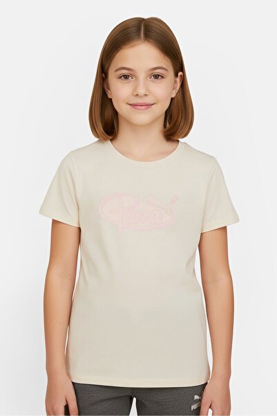 Puma تي شيرت رياضي بأكمام قصيرة مناسب للأنشطة الخارجية للبنات، لون بيج