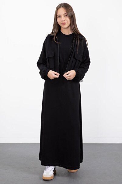 Cansın Mini Black Zippered Crop Jacket Zero Sleeve Girls' Dress Set 23409