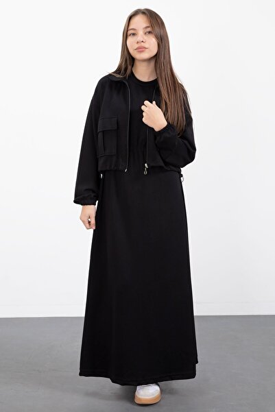 Cansın Mini Black Zippered Crop Jacket Zero Sleeve Girls' Dress Set 23409