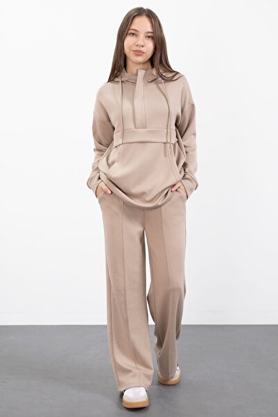 Cansın Mini Set de trening pentru fete, cu jumătate de fermoar, bej, cu glugă 23407