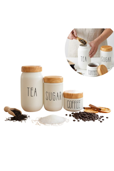 Köken Set of 3 Glass containers with BPA-free plastic lids, Jars inscribed with SUGAR, TEA COFFEE, White