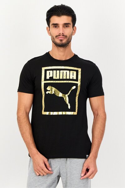 Puma تي شيرت رجالي رياضي بأكمام قصيرة وشعار العلامة التجارية، أسود