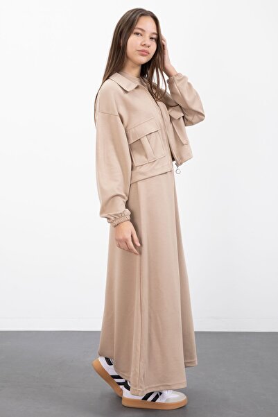 Cansın Mini Beige Zippered Crop Jacket Zero Sleeve Girls' Dress Set 23411