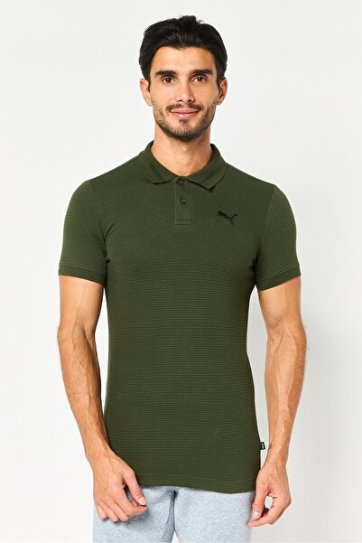 Puma قميص بولو عثماني رجالي قصة ضيقة بأكمام قصيرة، لون زيتوني غامق